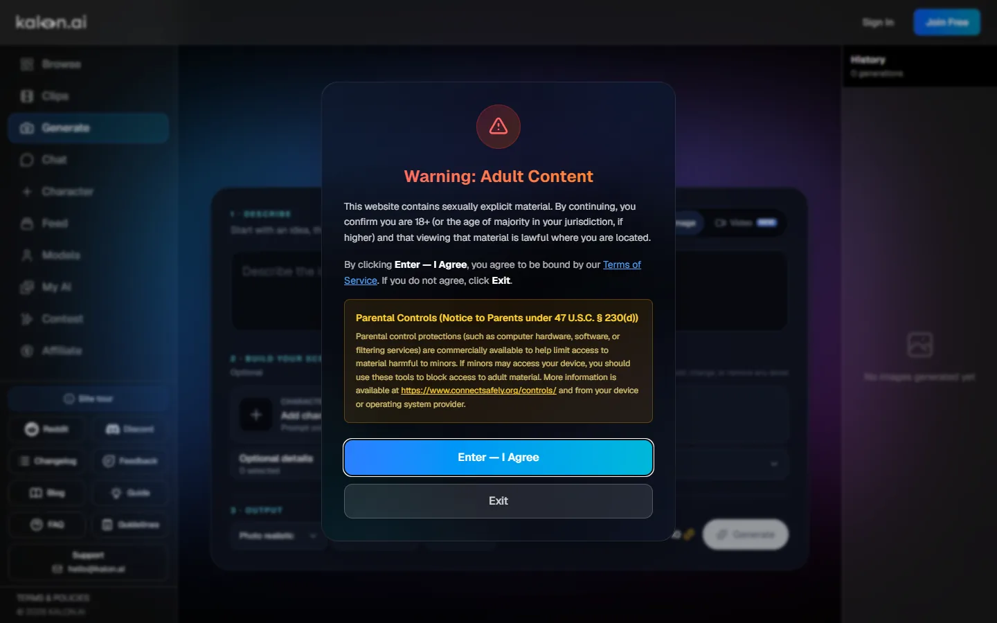 Kalon AI adult-content warning and parental-control notice
