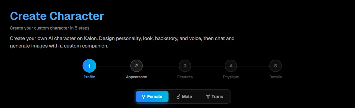 Cropped SFW view of Kalon AI's public five-step character builder